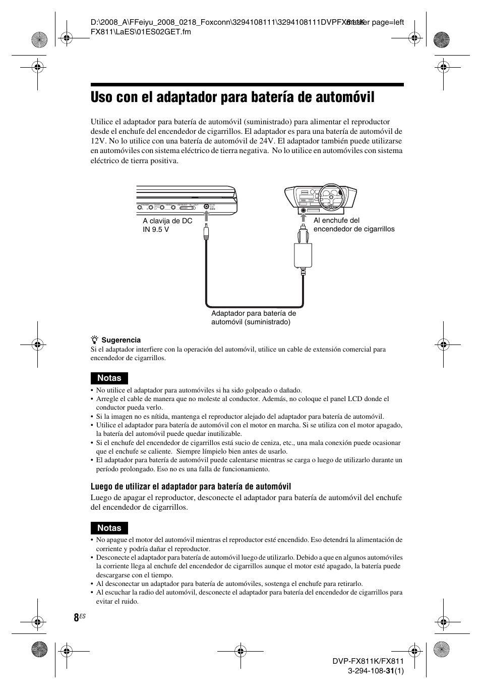 Uso con el adaptador para batería de automóvil, Notas | Sony DVP-FX811 User Manual | Page 52 / 60