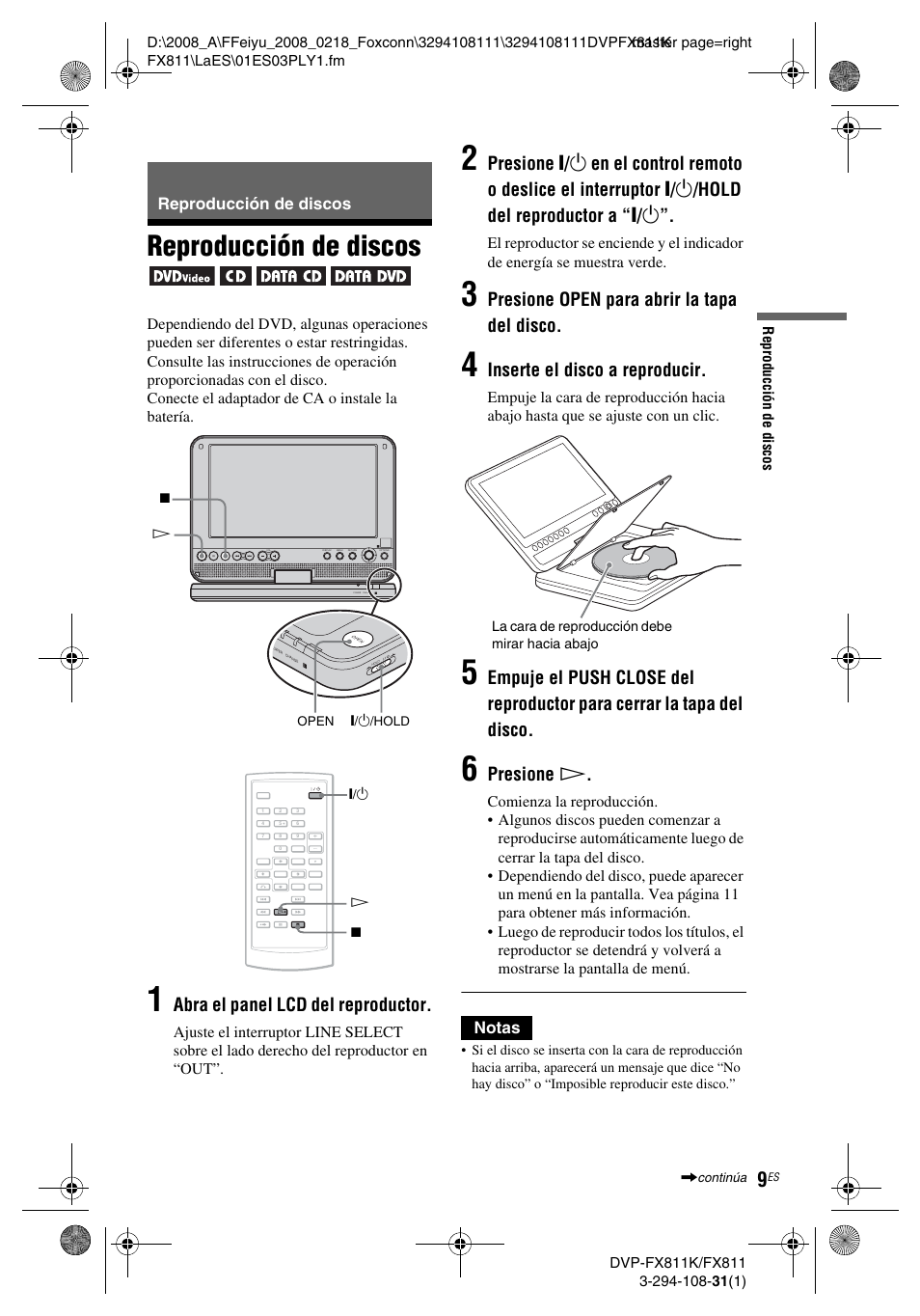 Abra el panel lcd del reproductor, Presione open para abrir la tapa del disco, Inserte el disco a reproducir | Presione h, Reproducción de discos, Notas | Sony DVP-FX811 User Manual | Page 53 / 60
