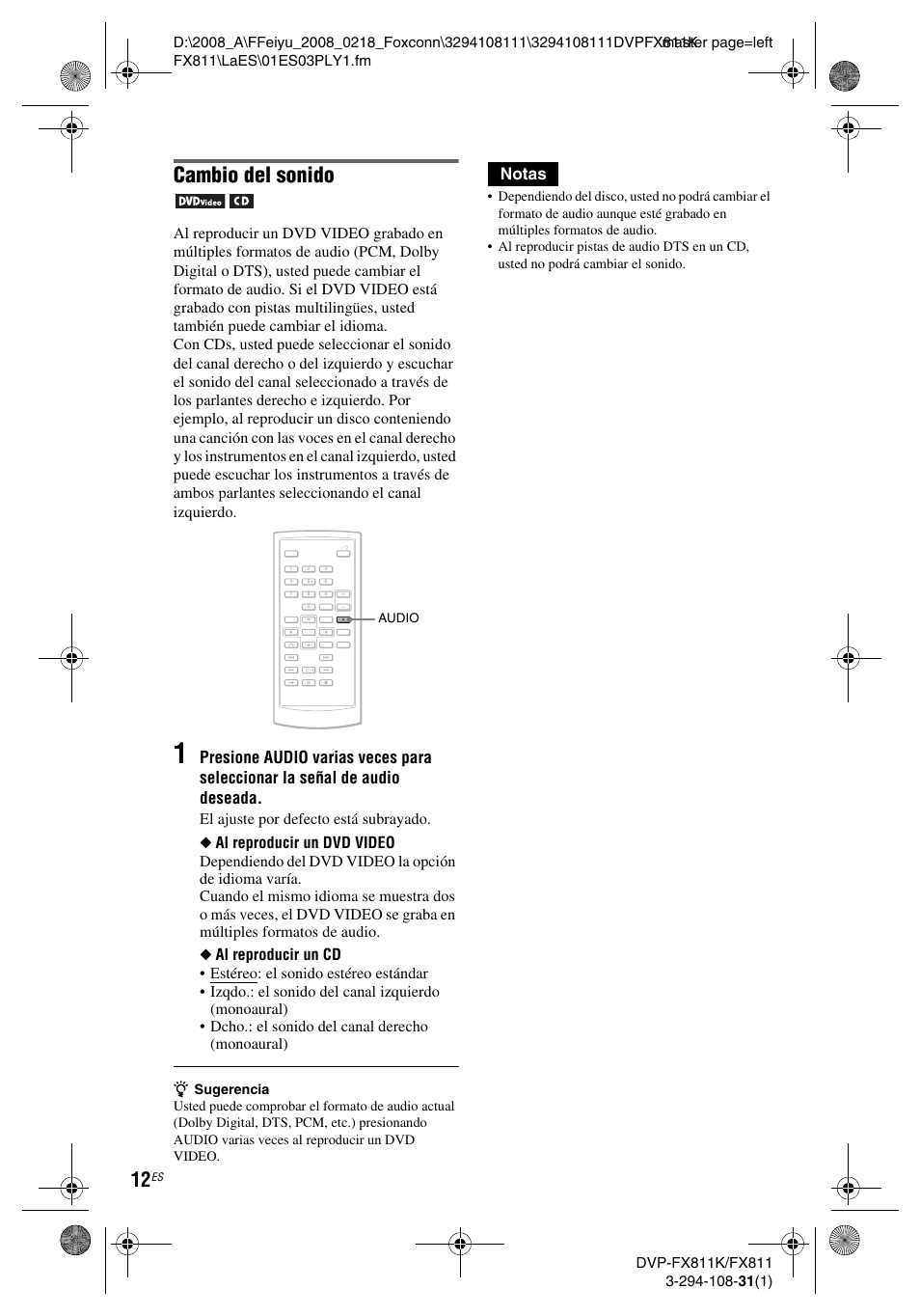 Cambio del sonido, Presione, Notas | Sony DVP-FX811 User Manual | Page 56 / 60