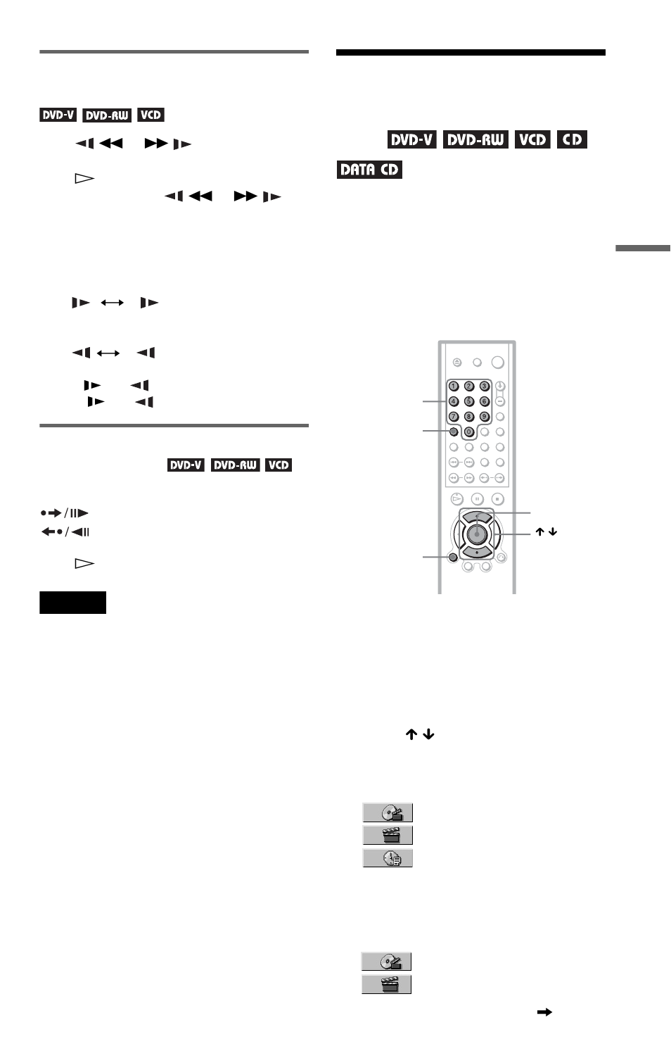 Searching for a title/ chapter/track/scene, etc, Searching for a title/chapter/track/scene, etc, Watching frame by frame (slow-motion play) | Playing one frame at a time (freeze frame) | Sony DVP-LS755P User Manual | Page 39 / 84