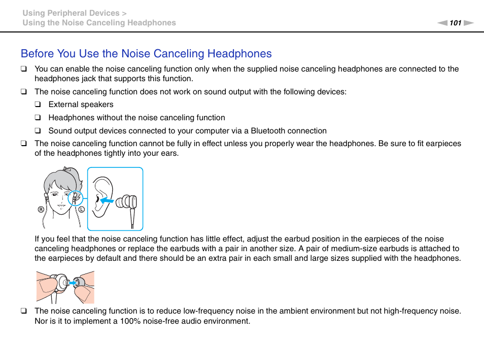 Before you use the noise canceling headphones | Sony VPCZ13 User Manual | Page 101 / 217