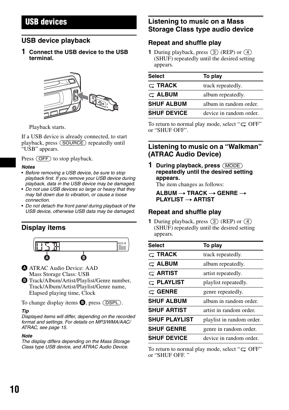 Usb devices, Usb device playback, Display items | Sony ALTRACAD CDX-GT470U User Manual | Page 10 / 64