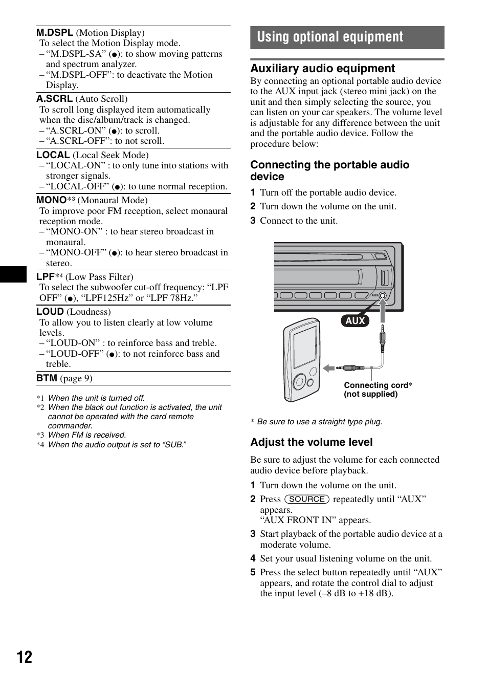 Using optional equipment, Auxiliary audio equipment | Sony ALTRACAD CDX-GT470U User Manual | Page 12 / 64