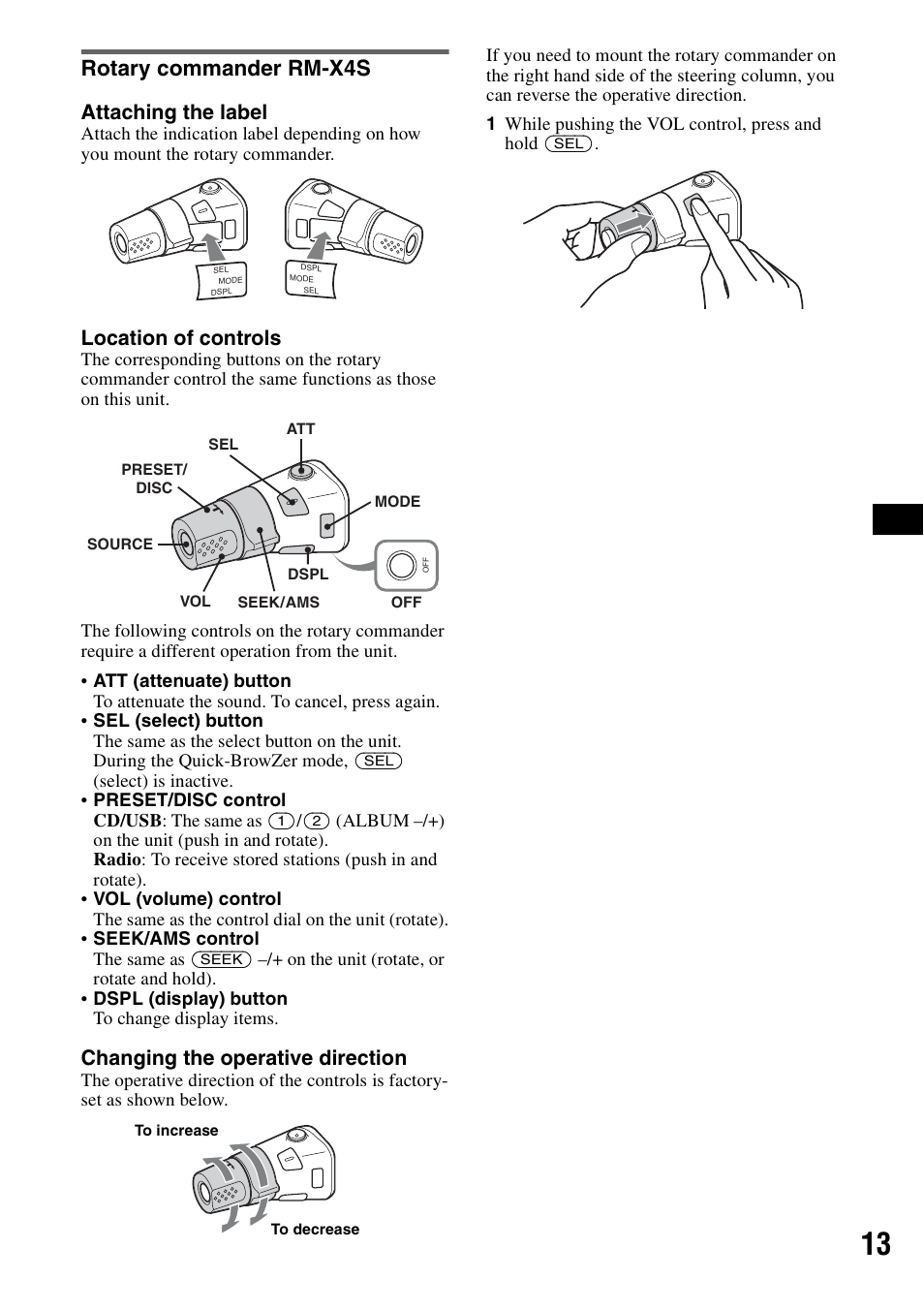 Rotary commander rm-x4s, Attaching the label, Location of controls | Changing the operative direction | Sony ALTRACAD CDX-GT470U User Manual | Page 13 / 64