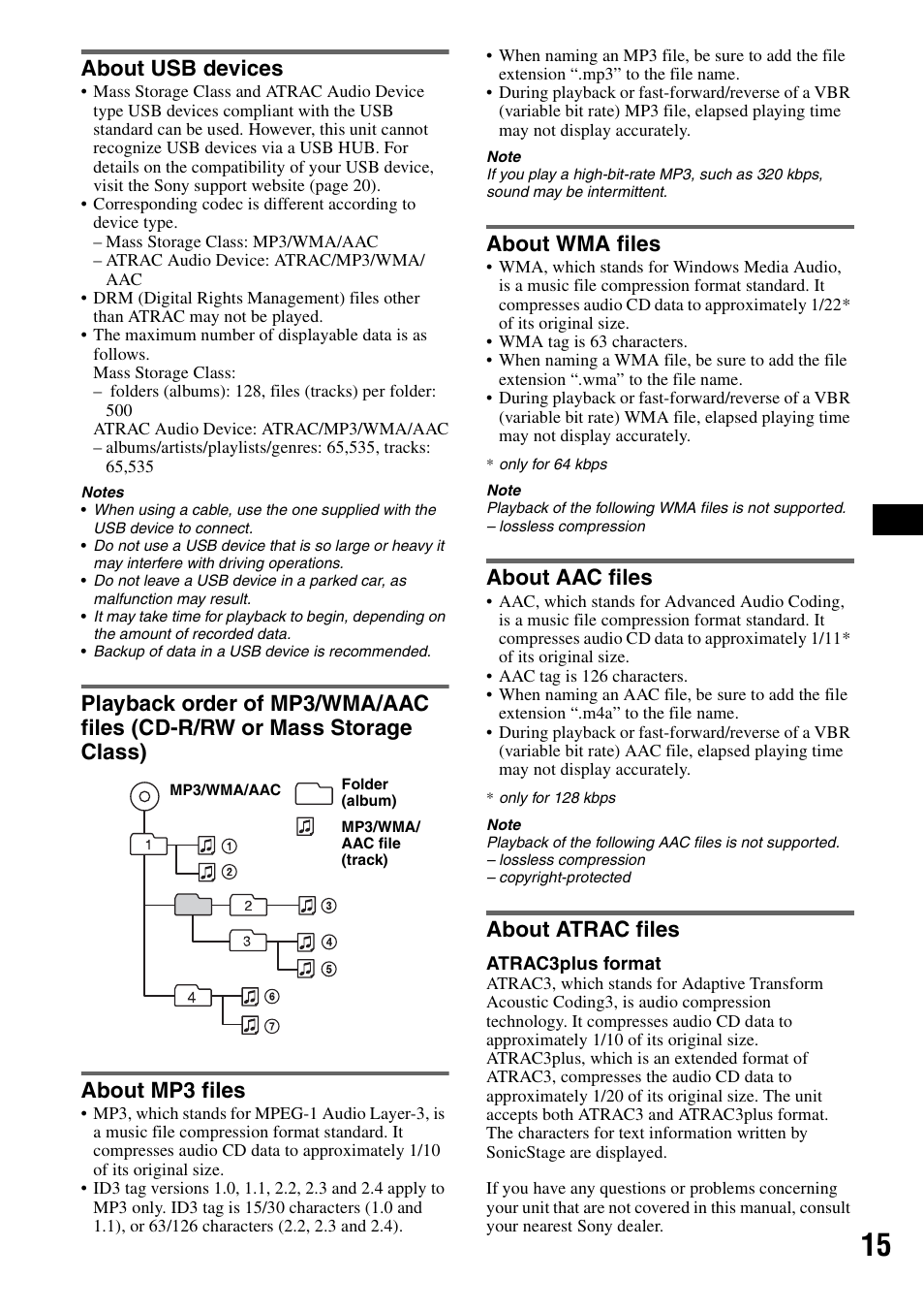 About usb devices, About mp3 files, About wma files | About aac files, About atrac files | Sony ALTRACAD CDX-GT470U User Manual | Page 15 / 64