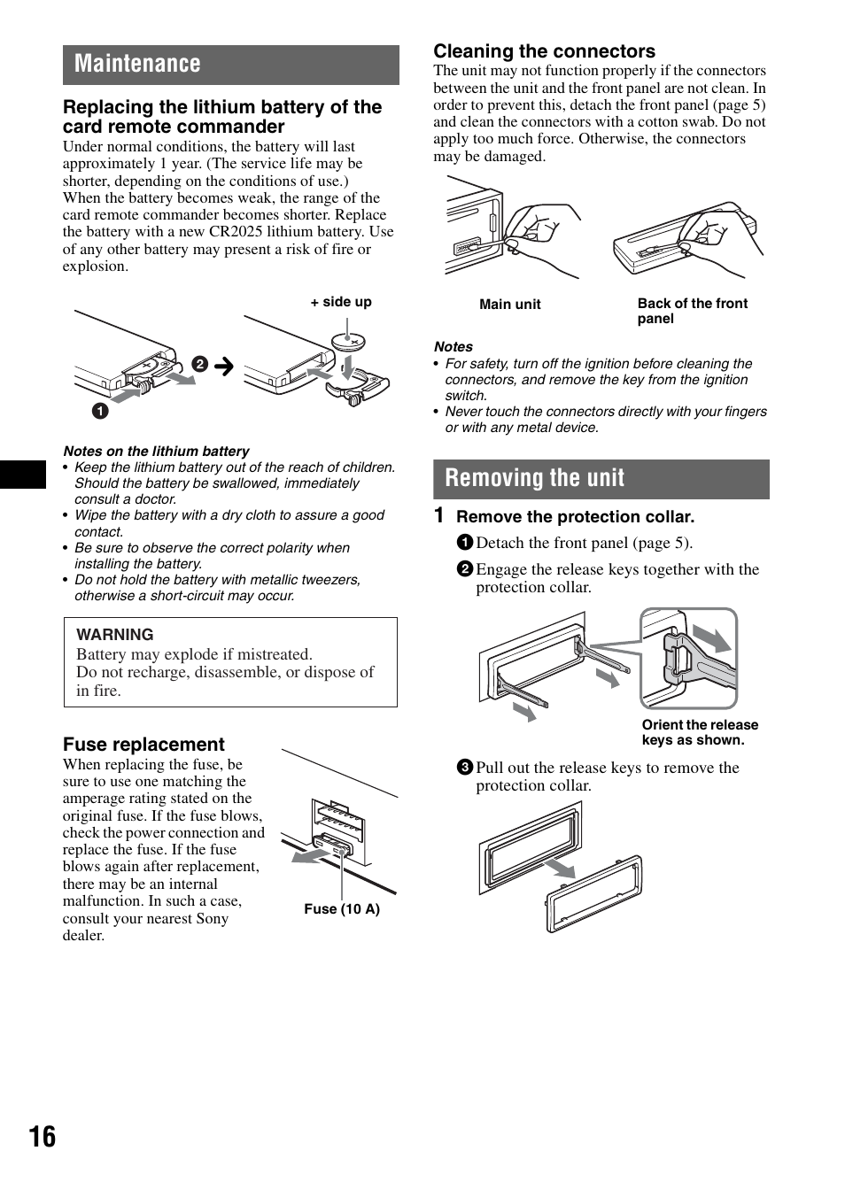 Maintenance, Removing the unit, Maintenance removing the unit | Sony ALTRACAD CDX-GT470U User Manual | Page 16 / 64