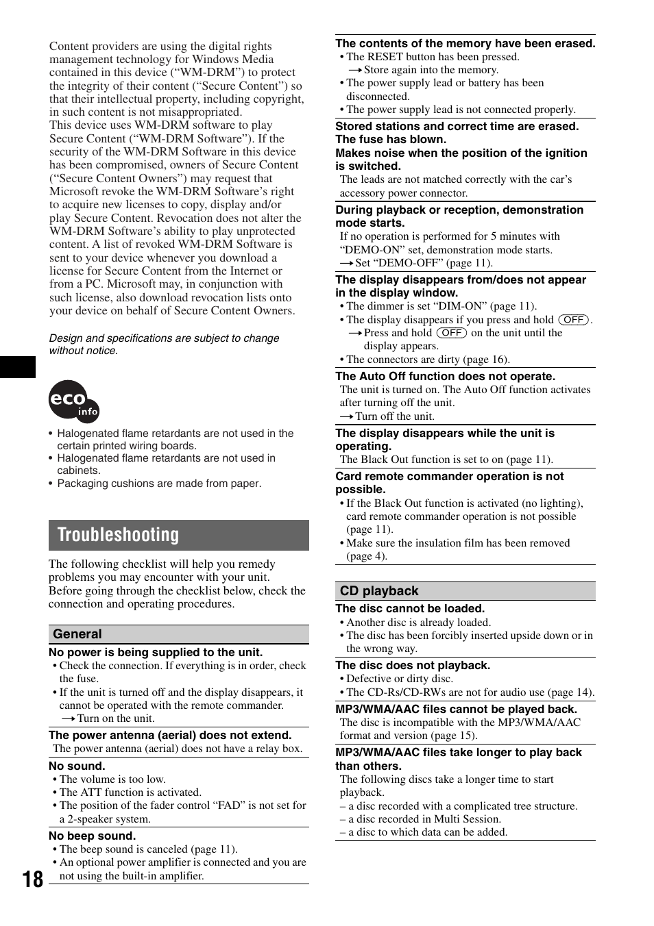Troubleshooting | Sony ALTRACAD CDX-GT470U User Manual | Page 18 / 64
