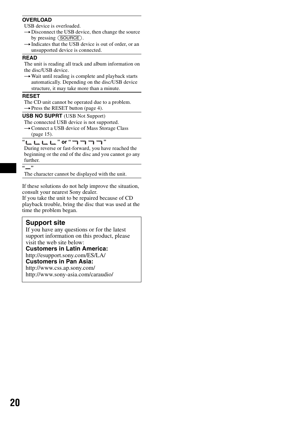 Support site | Sony ALTRACAD CDX-GT470U User Manual | Page 20 / 64