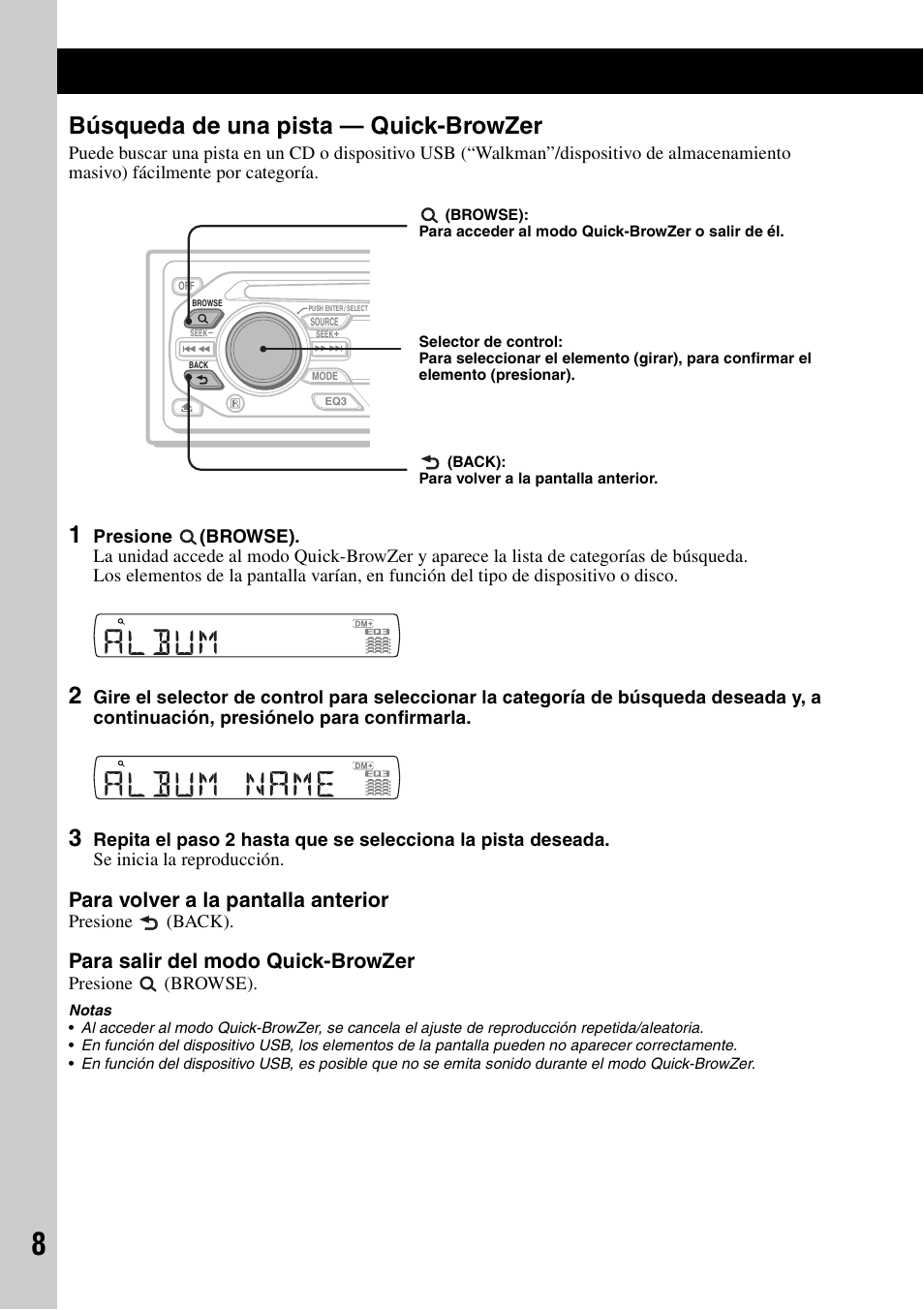 Búsqueda de una pista - quick-browzer, Búsqueda de una pista — quick-browzer, Para volver a la pantalla anterior | Para salir del modo quick-browzer | Sony ALTRACAD CDX-GT470U User Manual | Page 28 / 64