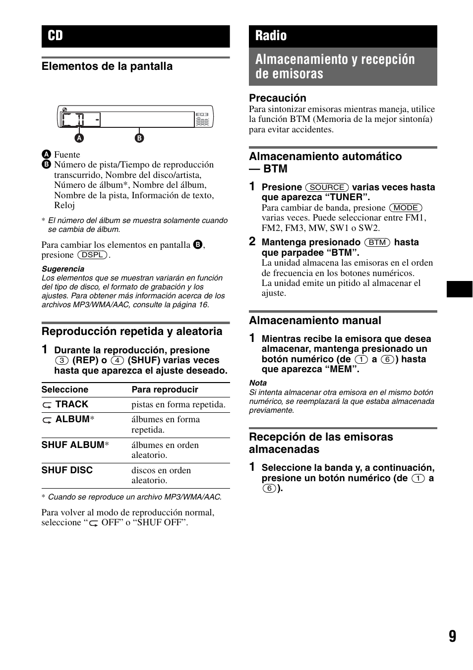 Elementos de la pantalla, Reproducción repetida y aleatoria, Radio | Almacenamiento y recepción de emisoras, Almacenamiento automático - btm, Almacenamiento manual, Recepción de las emisoras almacenadas, Radio almacenamiento y recepción de emisoras | Sony ALTRACAD CDX-GT470U User Manual | Page 29 / 64