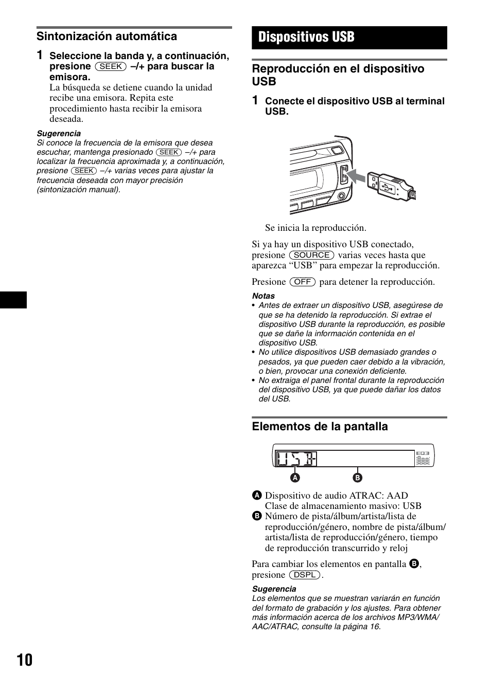 Sintonización automática, Dispositivos usb, Reproducción en el dispositivo usb | Elementos de la pantalla | Sony ALTRACAD CDX-GT470U User Manual | Page 30 / 64