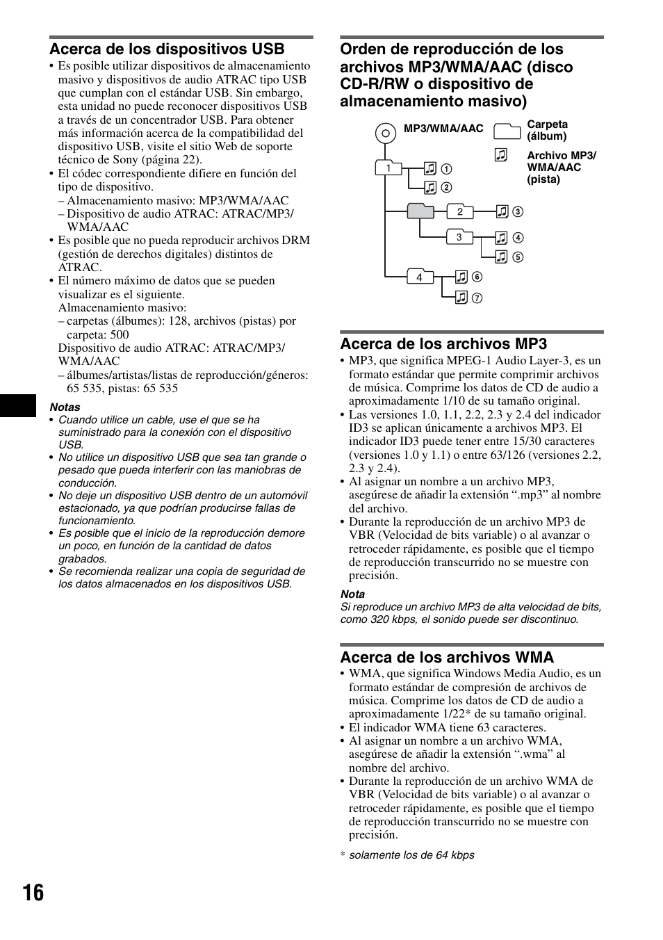 Acerca de los dispositivos usb, Acerca de los archivos mp3, Acerca de los archivos wma | Sony ALTRACAD CDX-GT470U User Manual | Page 36 / 64