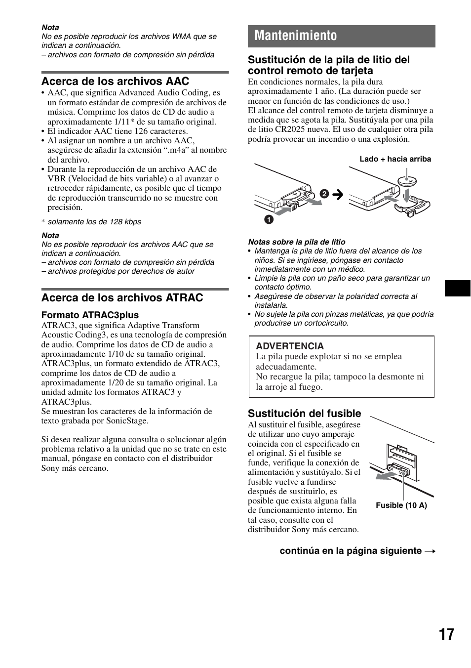 Acerca de los archivos aac, Acerca de los archivos atrac, Mantenimiento | Sony ALTRACAD CDX-GT470U User Manual | Page 37 / 64