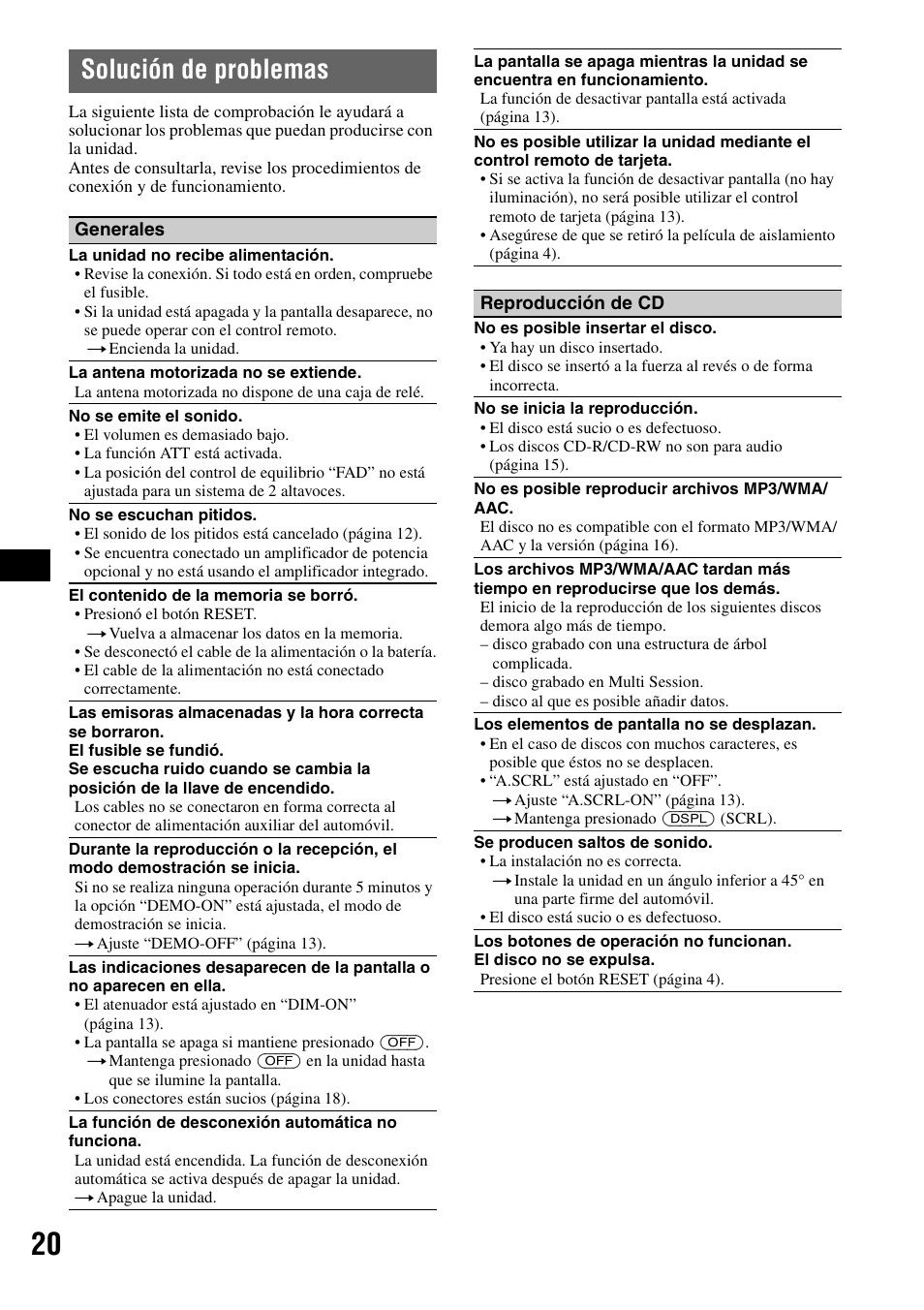 Solución de problemas | Sony ALTRACAD CDX-GT470U User Manual | Page 40 / 64