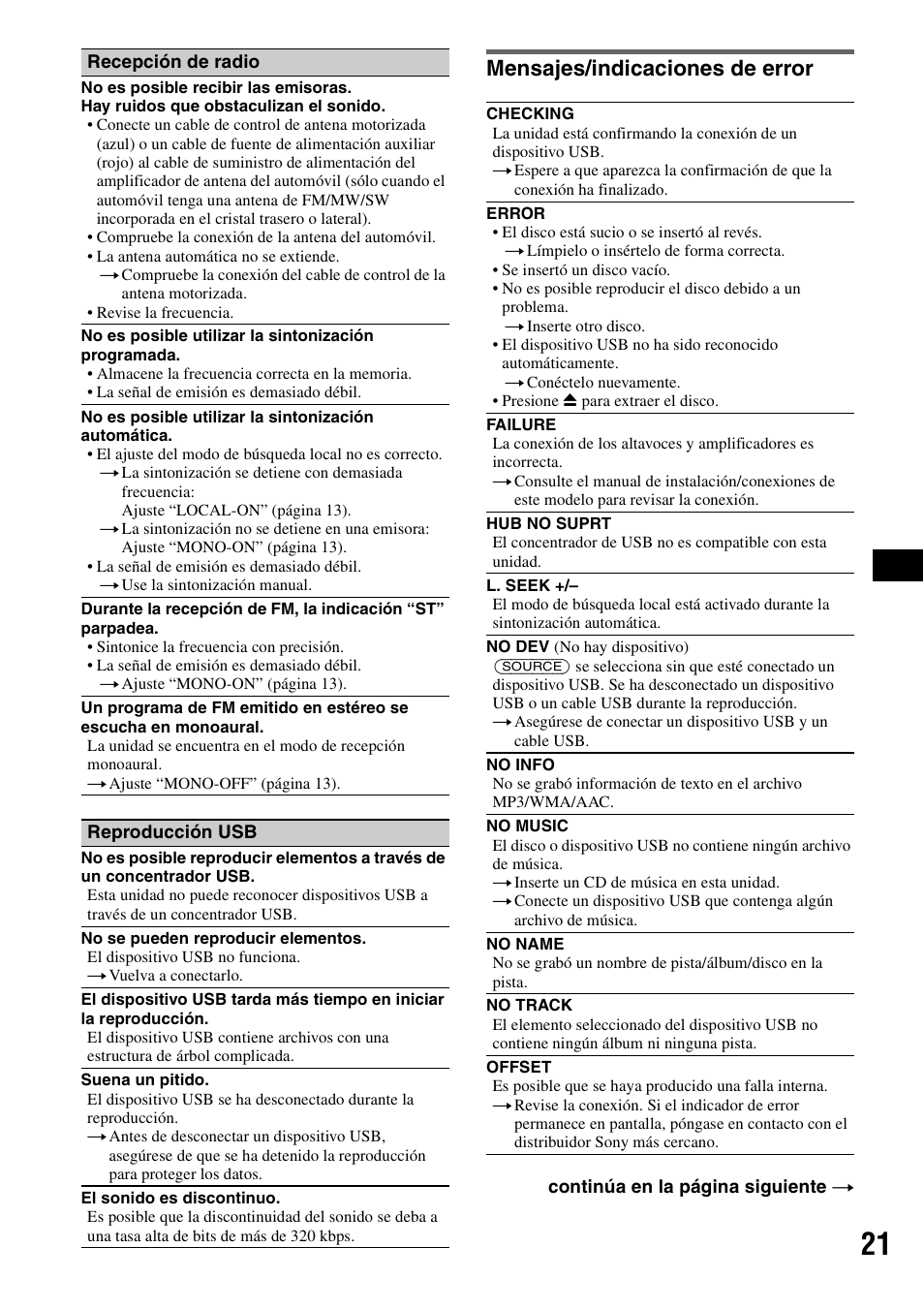 Mensajes/indicaciones de error | Sony ALTRACAD CDX-GT470U User Manual | Page 41 / 64