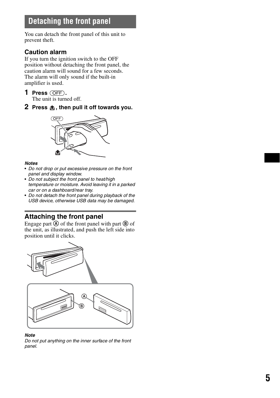 Detaching the front panel, Attaching the front panel | Sony ALTRACAD CDX-GT470U User Manual | Page 5 / 64