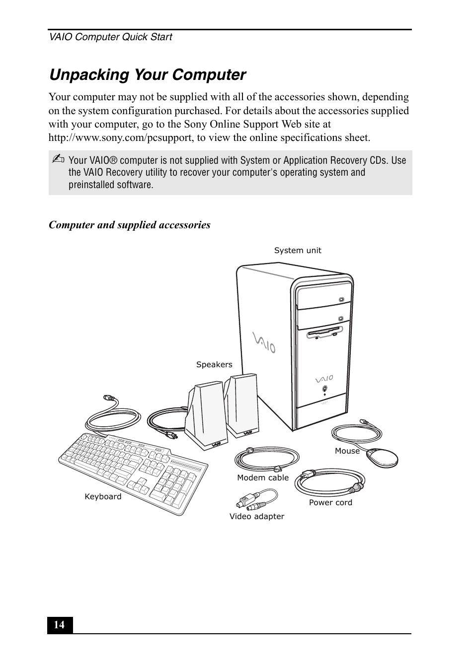 Unpacking your computer | Sony PCV-RS500 User Manual | Page 14 / 44