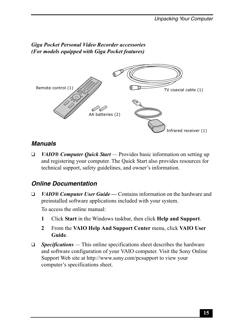 Manuals, Online documentation | Sony PCV-RS500 User Manual | Page 15 / 44