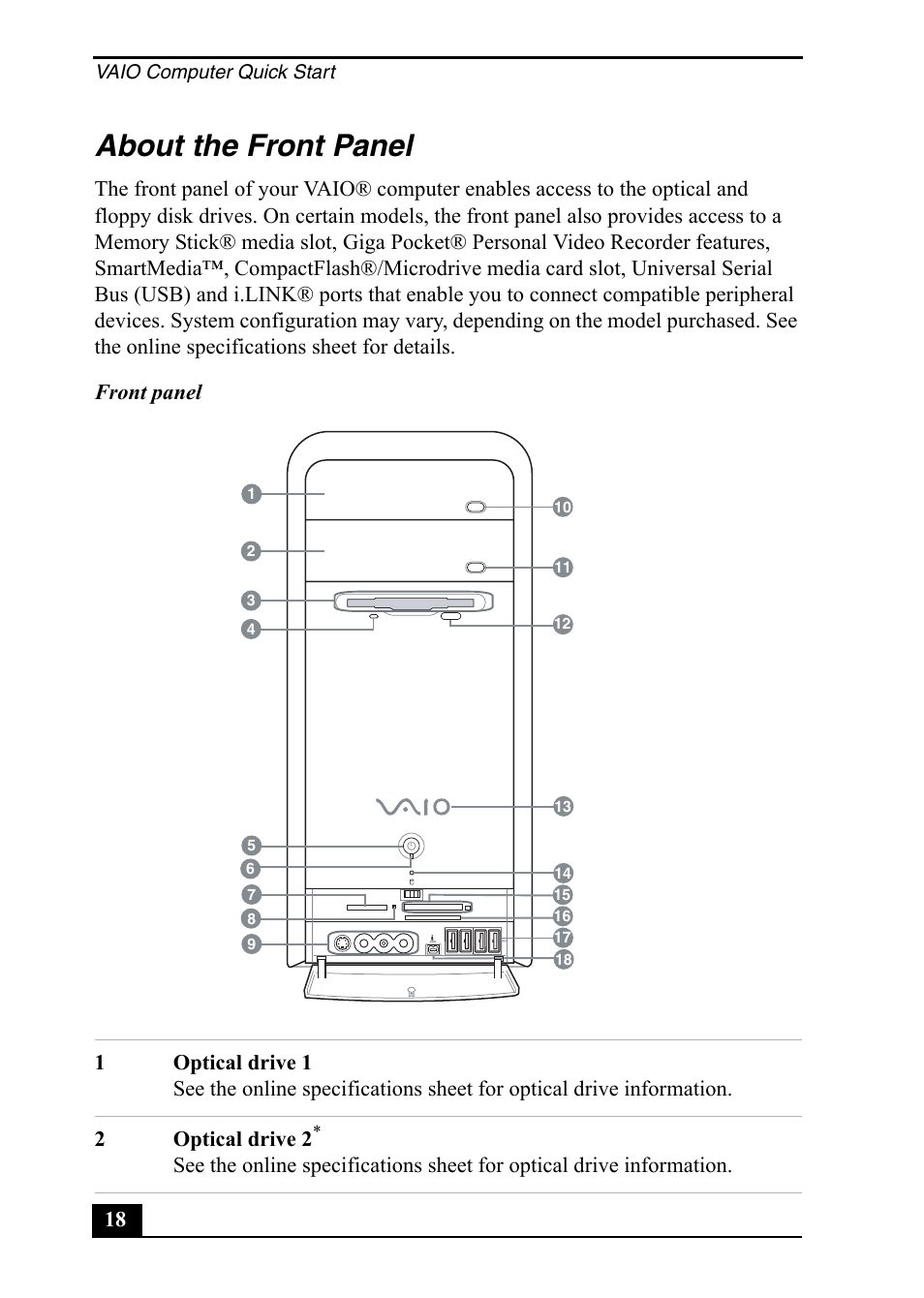 About the front panel | Sony PCV-RS500 User Manual | Page 18 / 44
