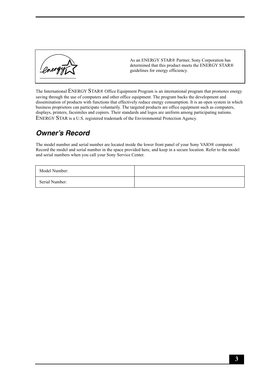 Owner’s record | Sony PCV-RS500 User Manual | Page 3 / 44