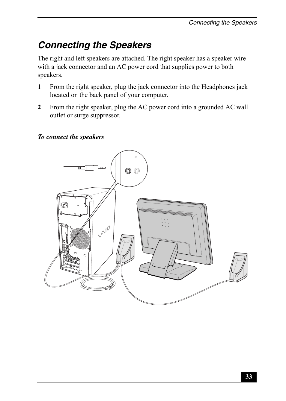 Connecting the speakers | Sony PCV-RS500 User Manual | Page 33 / 44
