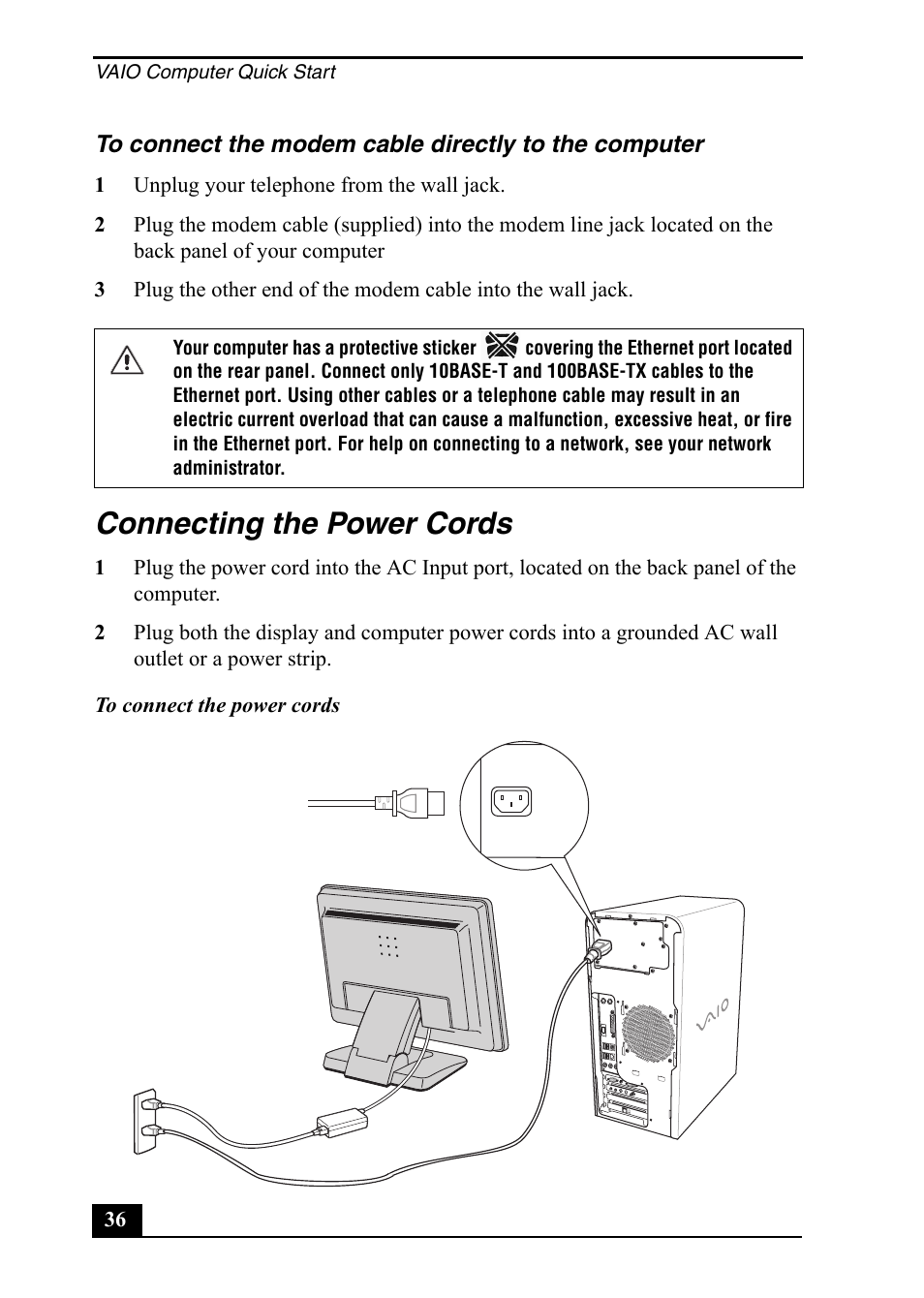 Connecting the power cords | Sony PCV-RS500 User Manual | Page 36 / 44