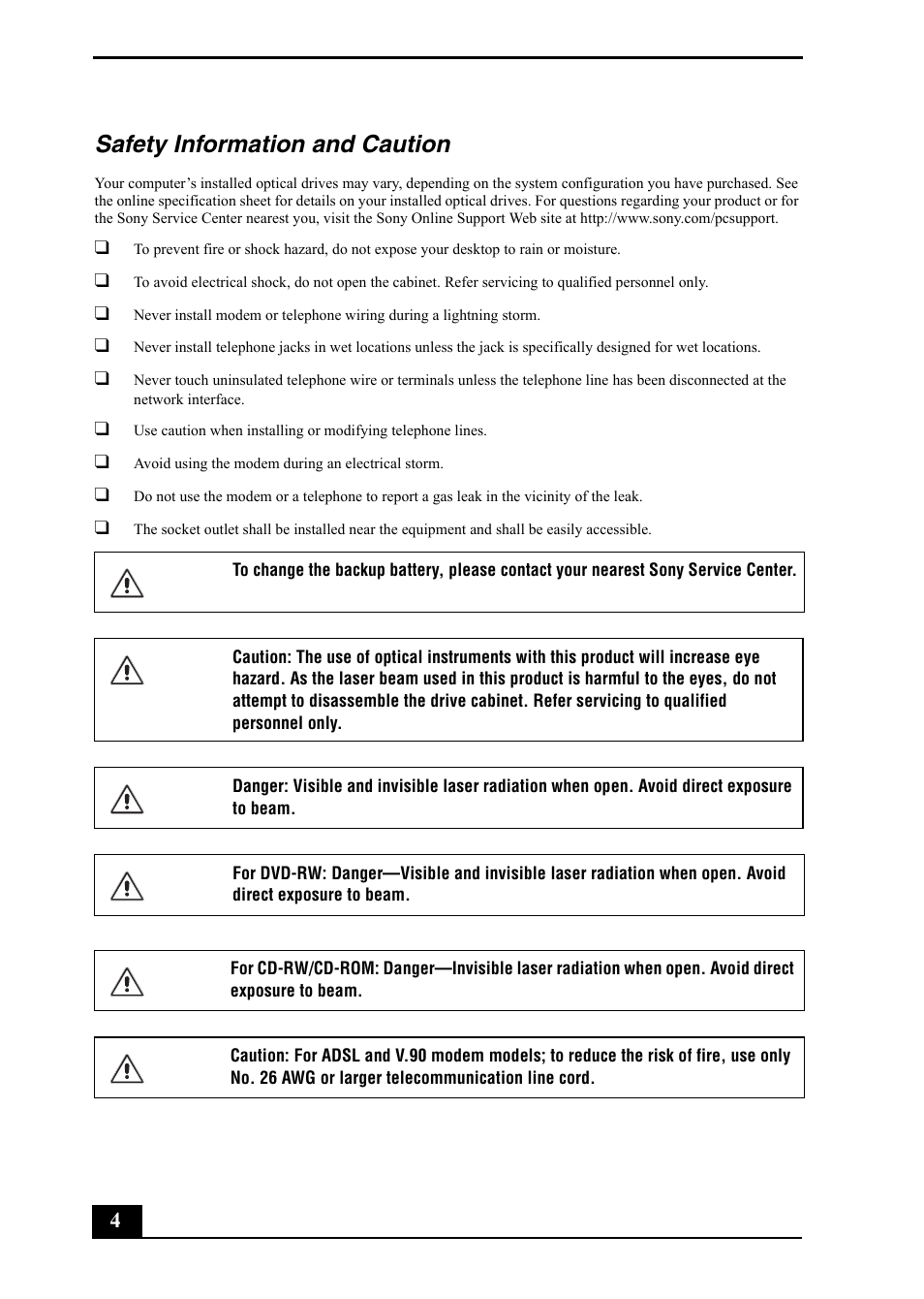 Safety information and caution | Sony PCV-RS500 User Manual | Page 4 / 44