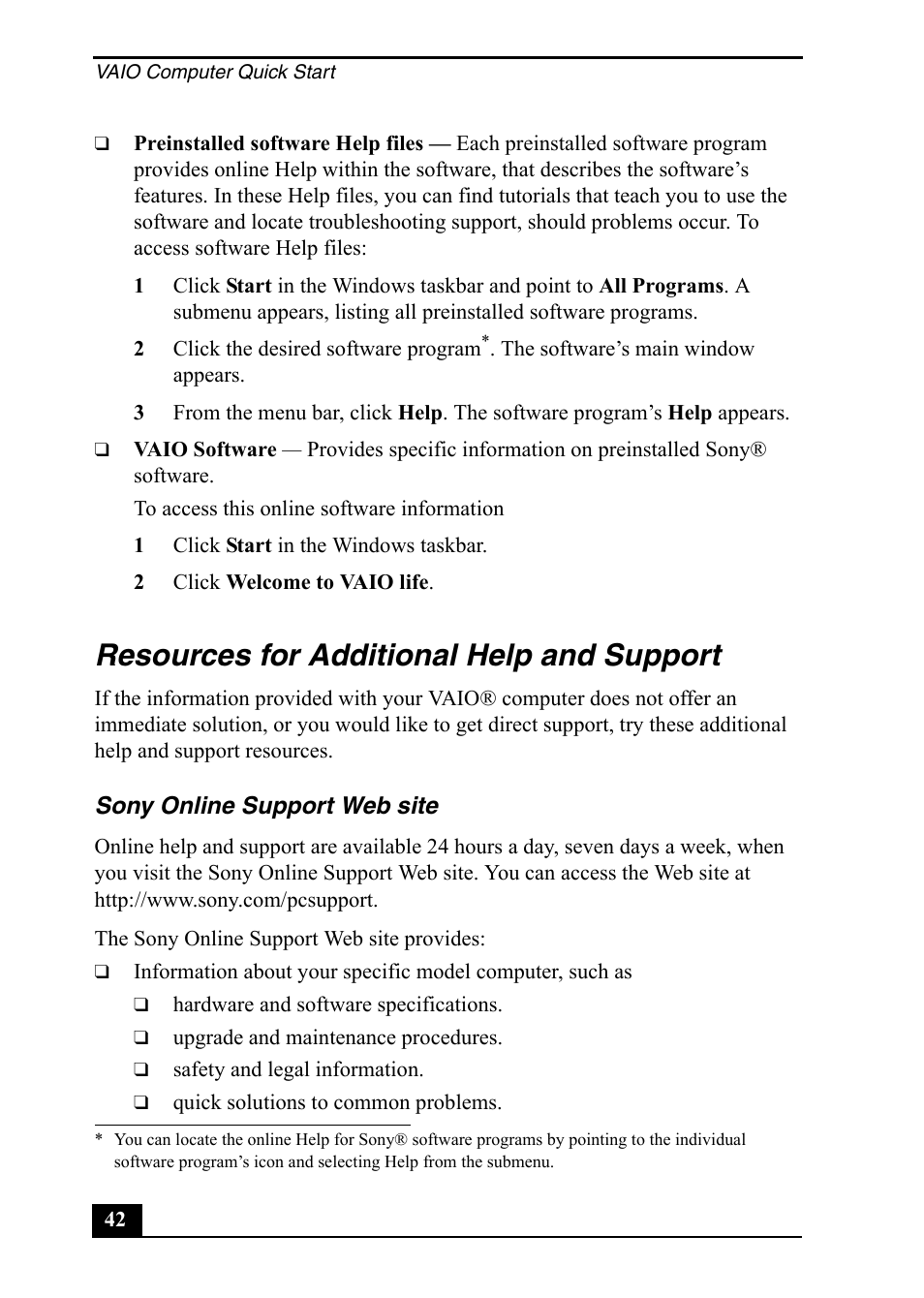 Resources for additional help and support | Sony PCV-RS500 User Manual | Page 42 / 44