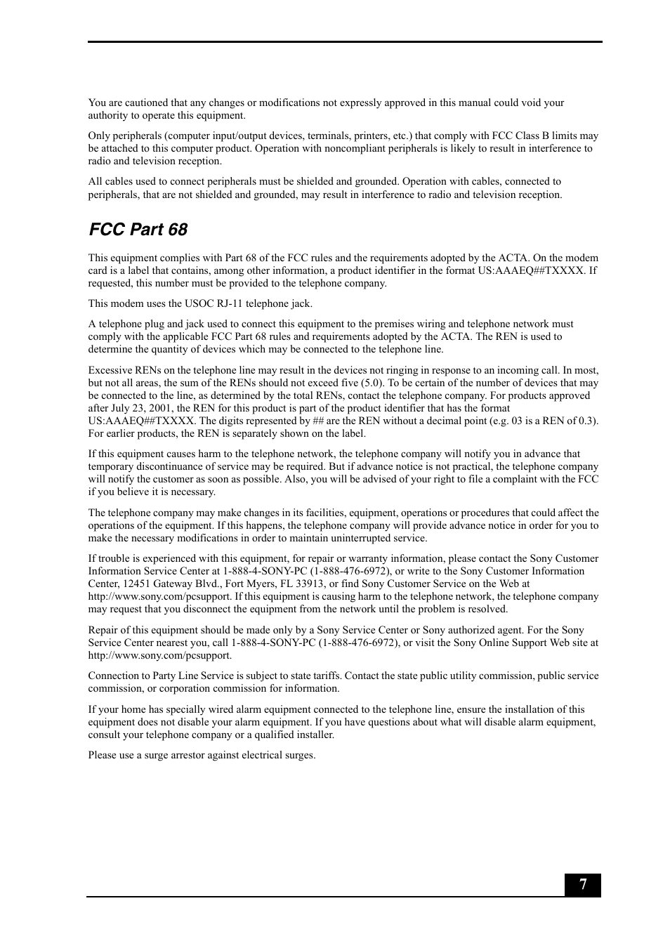 Fcc part 68 | Sony PCV-RS500 User Manual | Page 7 / 44