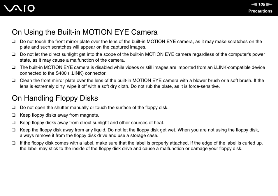 On using the built-in motion eye camera, On handling floppy disks | Sony VGN-FJ100 User Manual | Page 105 / 170