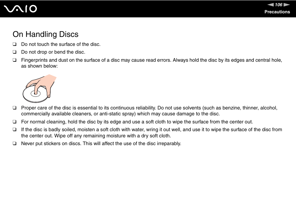 On handling discs | Sony VGN-FJ100 User Manual | Page 106 / 170