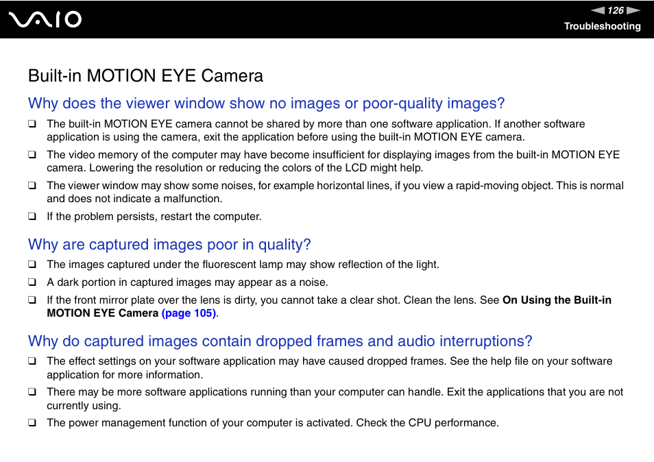 Built-in motion eye camera, Why are captured images poor in quality | Sony VGN-FJ100 User Manual | Page 126 / 170