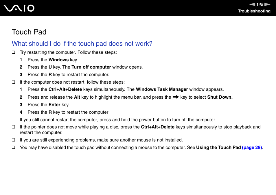 Touch pad, What should i do if the touch pad does not work | Sony VGN-FJ100 User Manual | Page 145 / 170