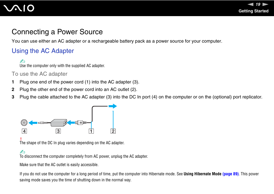 Connecting a power source, Using the ac adapter | Sony VGN-FJ100 User Manual | Page 19 / 170