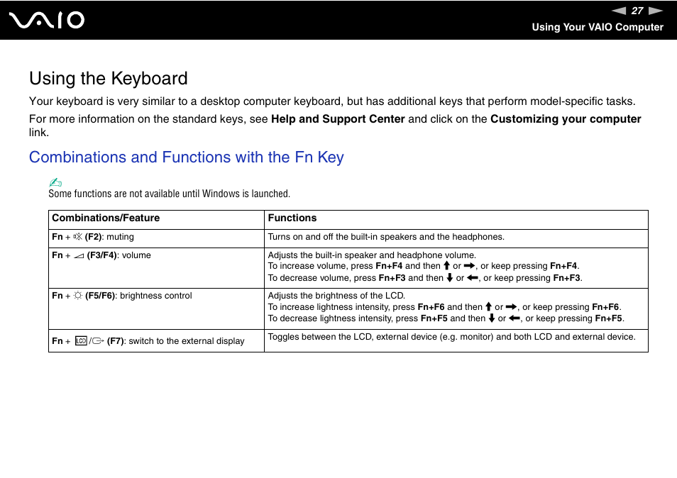 Using the keyboard, Combinations and functions with the fn key | Sony VGN-FJ100 User Manual | Page 27 / 170