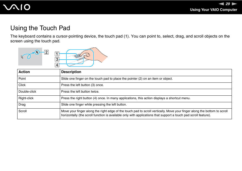 Using the touch pad | Sony VGN-FJ100 User Manual | Page 29 / 170