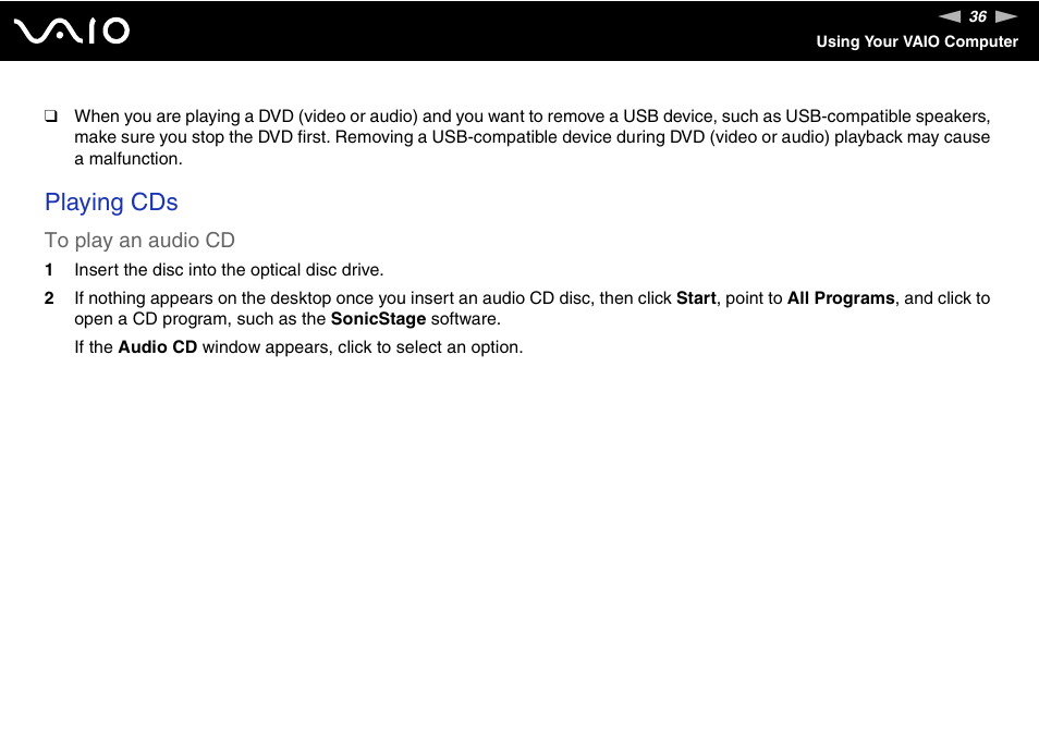 Playing cds | Sony VGN-FJ100 User Manual | Page 36 / 170