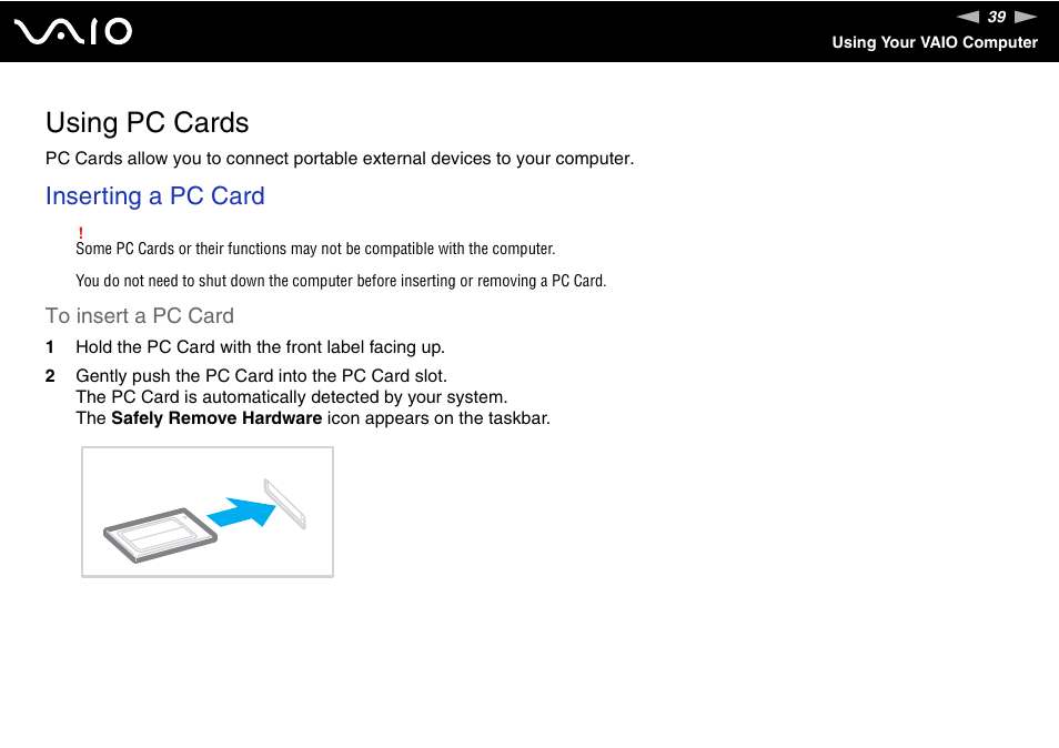 Using pc cards, Inserting a pc card | Sony VGN-FJ100 User Manual | Page 39 / 170