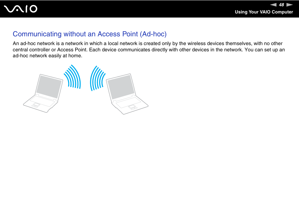 Communicating without an access point (ad-hoc) | Sony VGN-FJ100 User Manual | Page 48 / 170