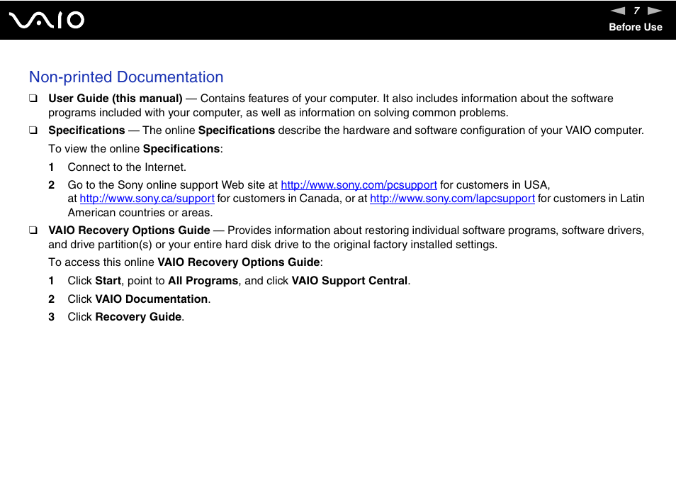 Non-printed documentation | Sony VGN-FJ100 User Manual | Page 7 / 170