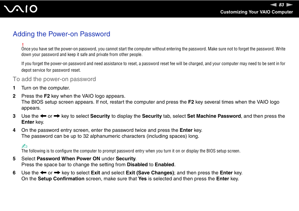 Adding the power-on password | Sony VGN-FJ100 User Manual | Page 83 / 170