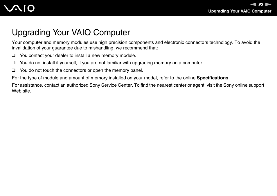 Upgrading your vaio computer | Sony VGN-FJ100 User Manual | Page 93 / 170