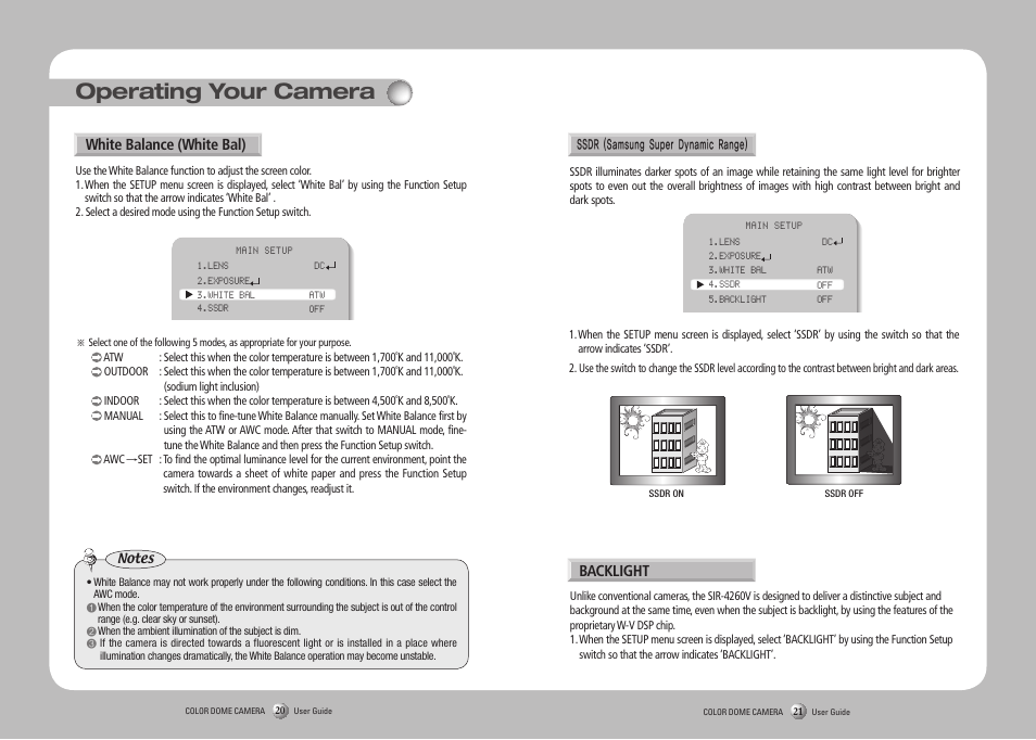 Operating your camera, White balance (white bal), Backlight | Sony SIR4260V User Manual | Page 11 / 19