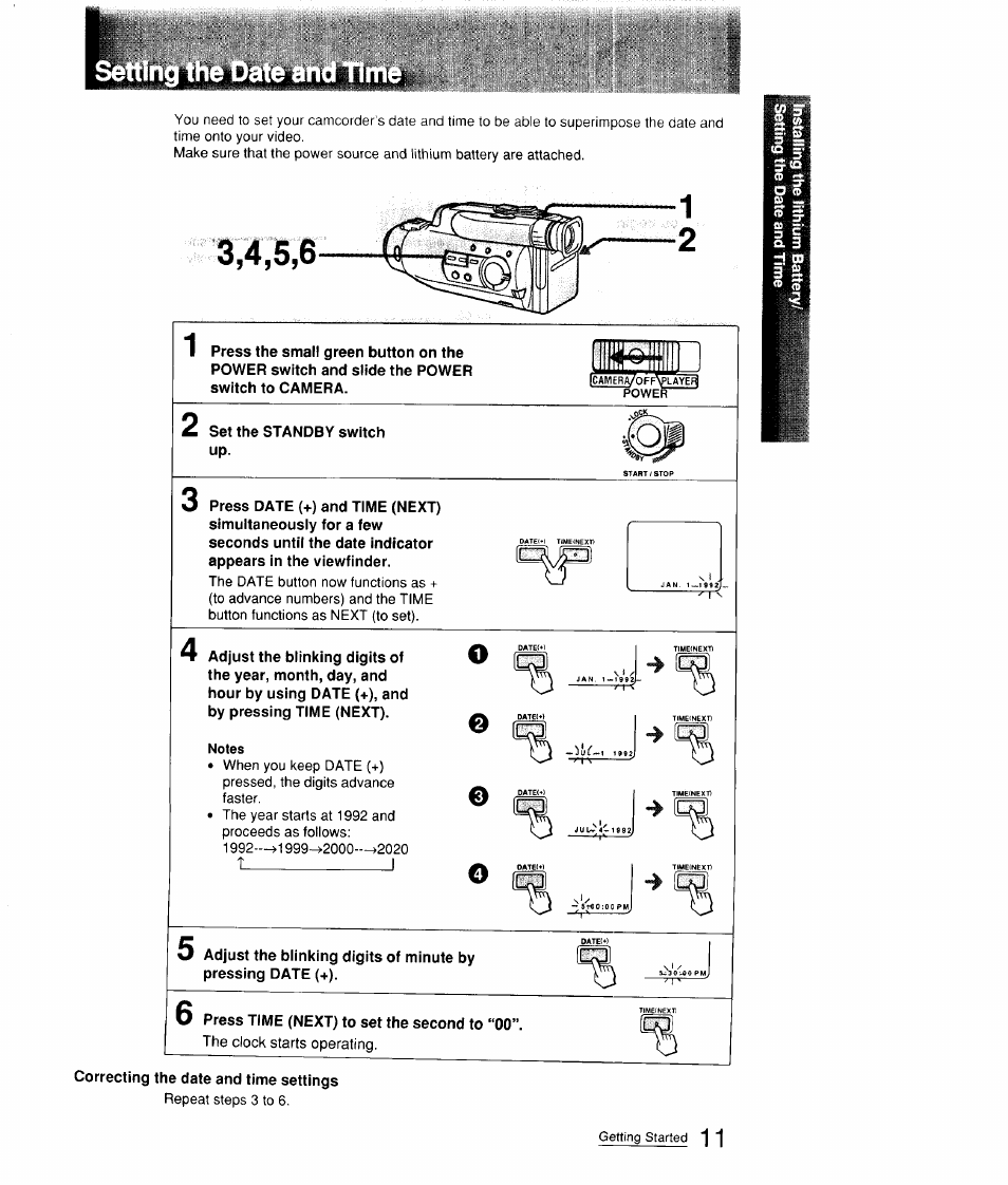2 set the standby switch up, 0 press time (next) to set the second to “00 | Sony CCD-FX310 User Manual | Page 11 / 52