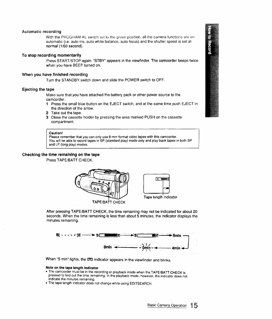 To stop recording momentarily, When you have finished recording, Ejecting the tape | Checking the time remaining on the tape, I e - '■►sr | Sony CCD-FX310 User Manual | Page 15 / 52