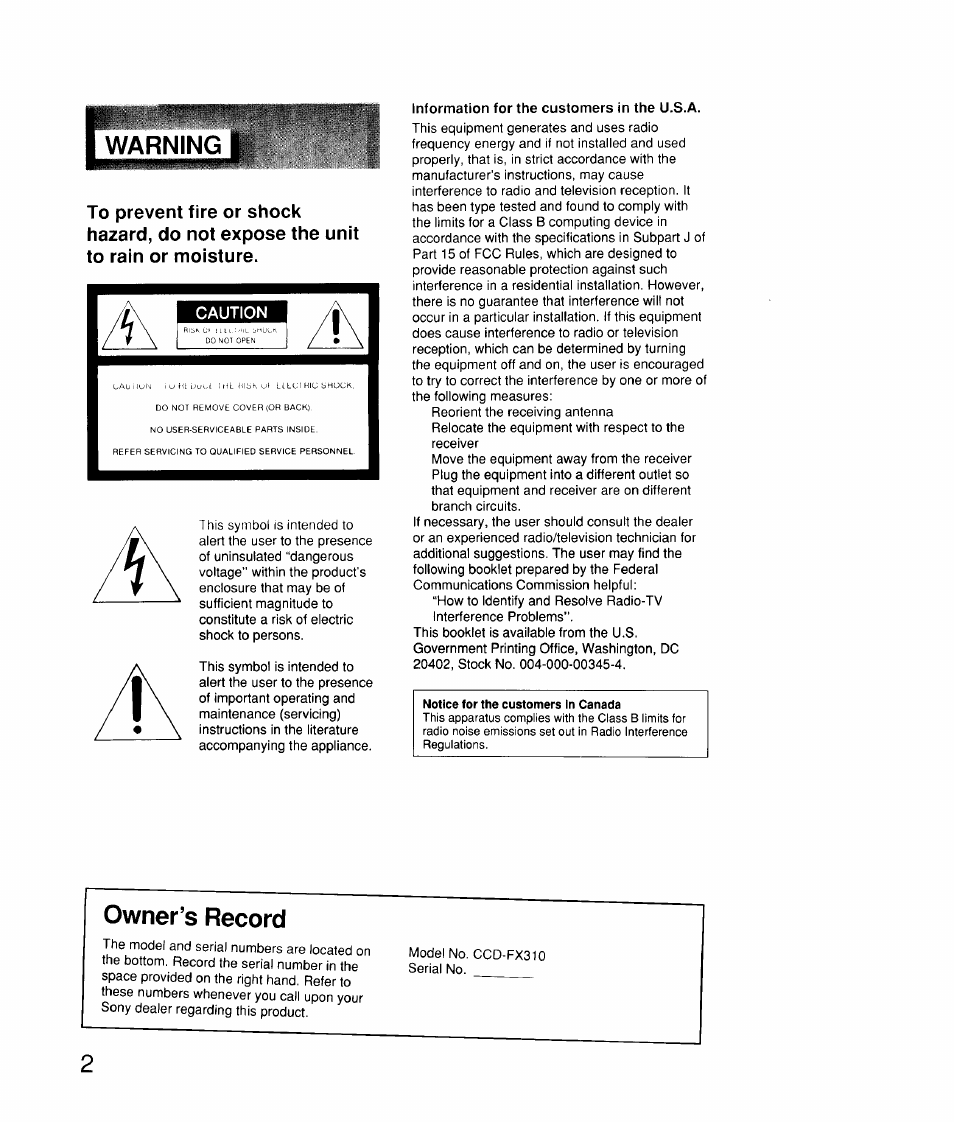 Information for the customers in the u.s.a, Owner’s record | Sony CCD-FX310 User Manual | Page 2 / 52