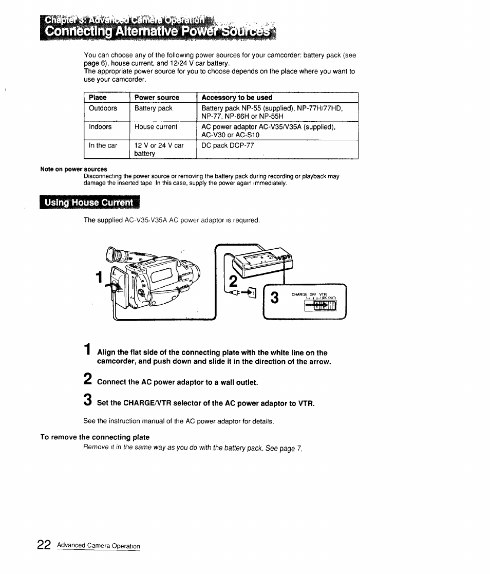 Using house current, Connect the ac power adaptor to a wall outlet, To remove the connecting plate | Connecting alternative pow | Sony CCD-FX310 User Manual | Page 22 / 52