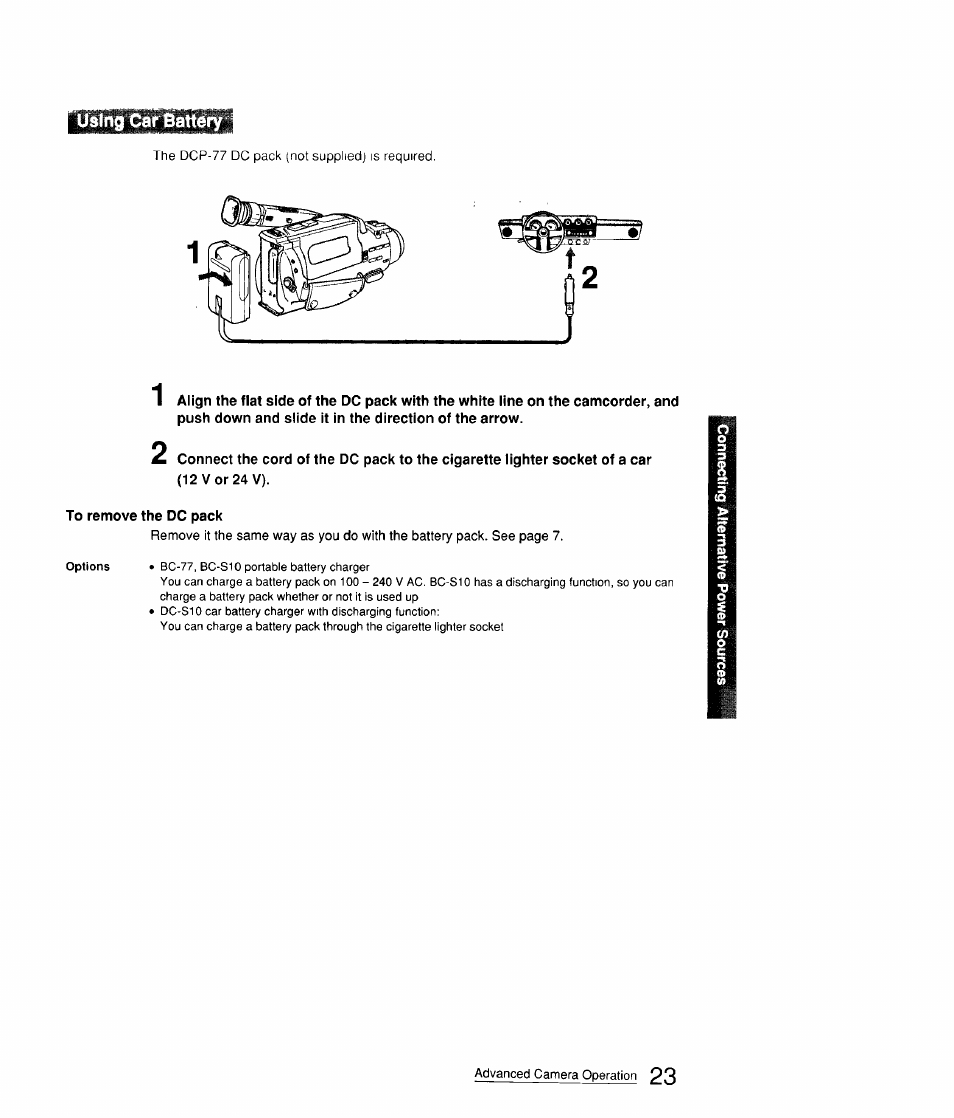 Using car battery, To remove the dc pack | Sony CCD-FX310 User Manual | Page 23 / 52