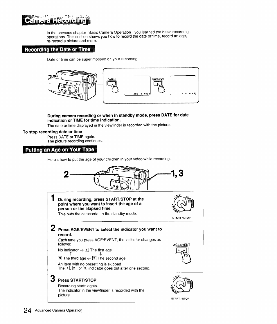 Recording the date or time, To stop recording date or time, Putting an age on your tape | Press start/stop, Mriiilirayjt’jbib | Sony CCD-FX310 User Manual | Page 24 / 52