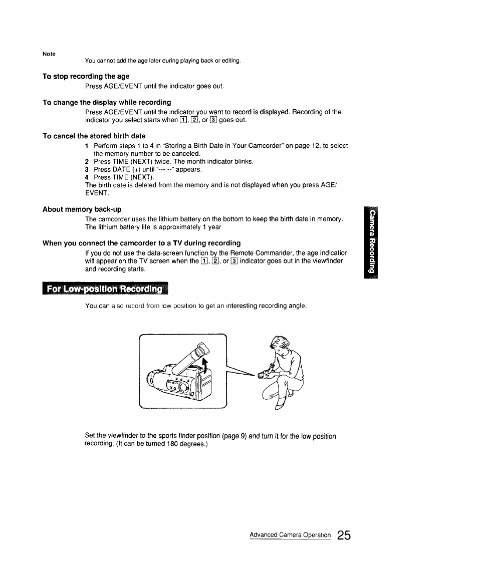 To stop recording the age, To change the display while recording, To cancel the stored birth date | About memory back-up, For low-position recording | Sony CCD-FX310 User Manual | Page 25 / 52